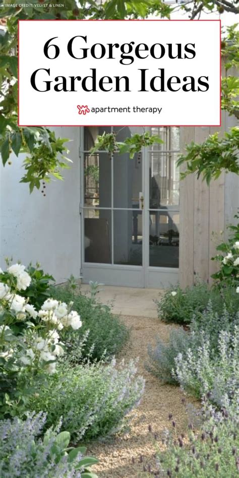 A Garden With White And Purple Flowers In The Foreground Text Overlay