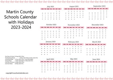 Martin County Schools Calendar with Holidays 2023-2024