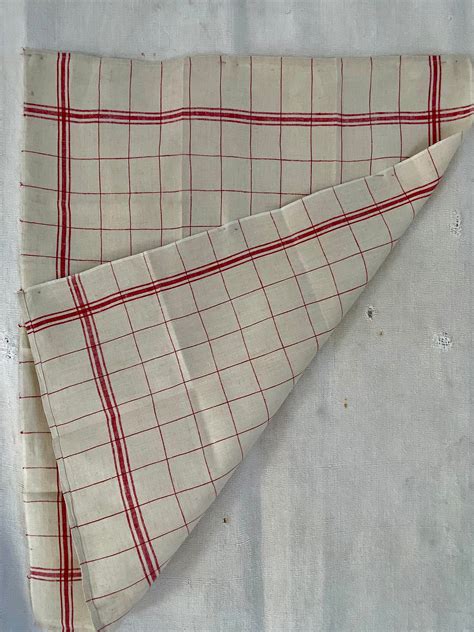 Authentic French And Antique Pure Flax Linen With Four Red Gridded