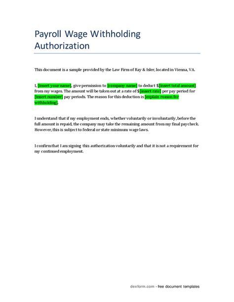 Payroll Wage Withholding Authorization In Word And Pdf Formats