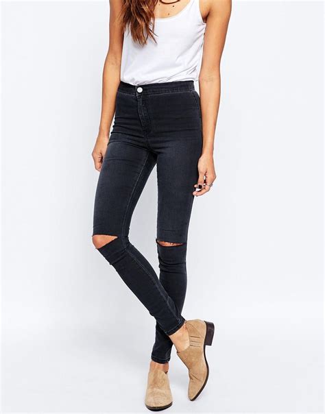 Asos Rivington High Waist Denim Jeggings In Washed Black With Knee Rips