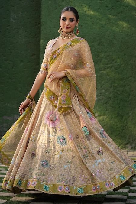 Buy Yellow Silk Chanderi Printed Floral Plunged V Mughal Embroidered