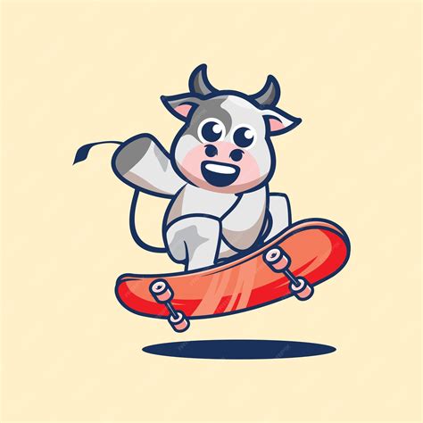 Premium Vector Cute Cow Playing Skateboard Mascot Cartoon Illustration