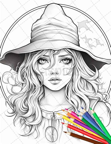 40 Cute Witches Coloring Pages Printable For Adults Grayscale Coloring