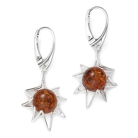 Boucles D Oreilles Soleil En Ambre Cognac Sur Argent