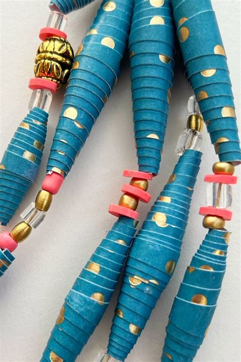 5 Strand Blue And Gold Statement Necklace Colorful Paper Bead Jewelry