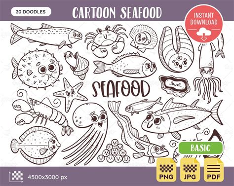 Seafood Doodle Clipart Set Cute Seafood Collection Cartoon Etsy