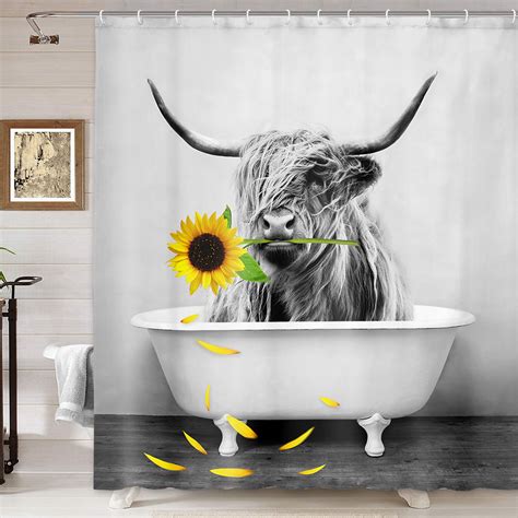 Farmhouse Shower Curtain Highland Cow Bull In Bathtub Sunflower Shower