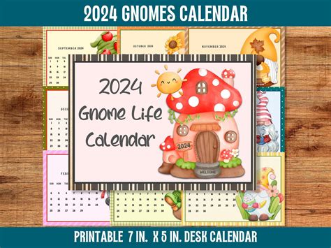 Printable Gnome Life Monthly Desk Calendar Cute Whimsical