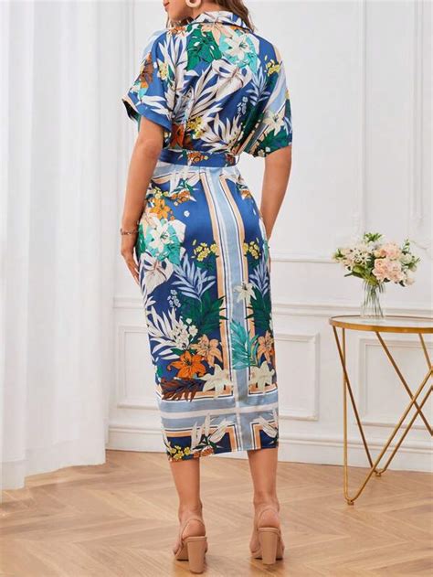 SHEIN VCAY Tropical Print Batwing Sleeve Belted Shirt Dress SHEIN UK