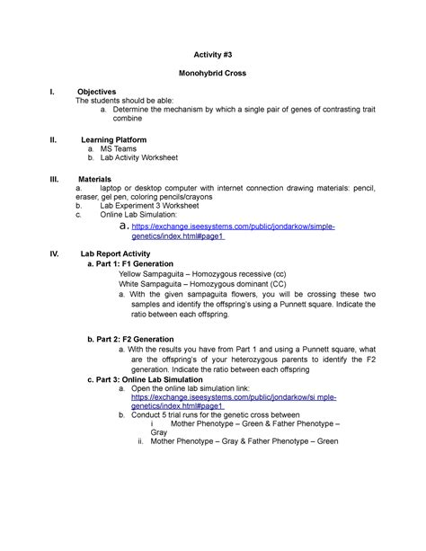 Genetics Lab Experiment 3 - Activity # Monohybrid Cross I. Objectives ...
