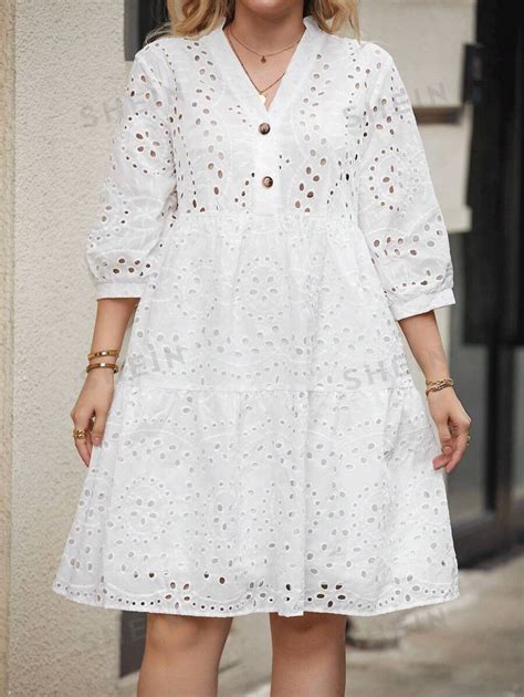 SHEIN Frenchy Plus Eyelet Embroidery Button Front Smock Dress SHEIN USA