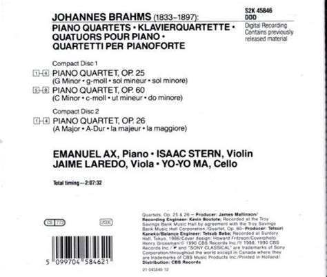 The Piano Quartets Opp 25 26 60 De Johannes Brahms Emanuel Ax