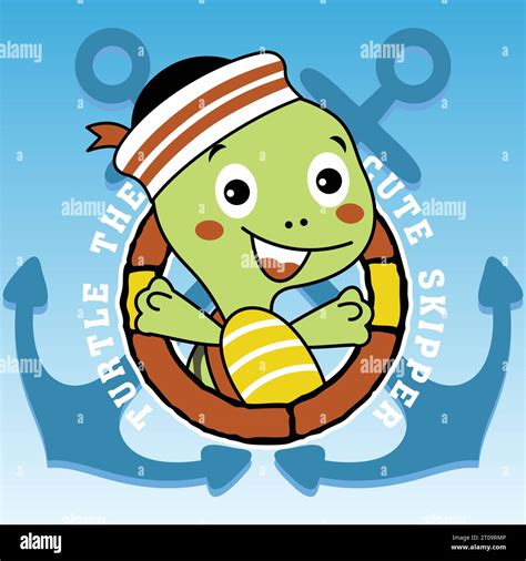 Cute Turtle Wearing Sailor Cap On Anchors Background Vector Cartoon