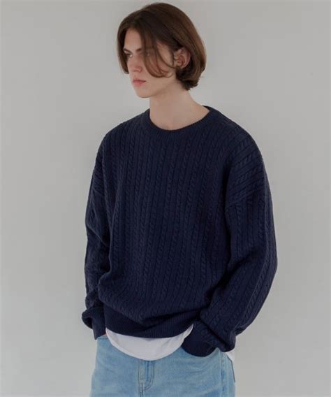 MUSINSA AGOD Crew Neck Overfit Cable Sweater Knit Navy