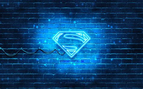 Download wallpapers Superman blue logo, 4k, blue brickwall, Superman ...