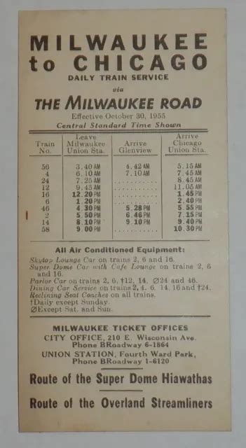 MILWAUKEE ROAD RAILROAD 1955 Small Card Timetable - Chicago-Milwaukee ...