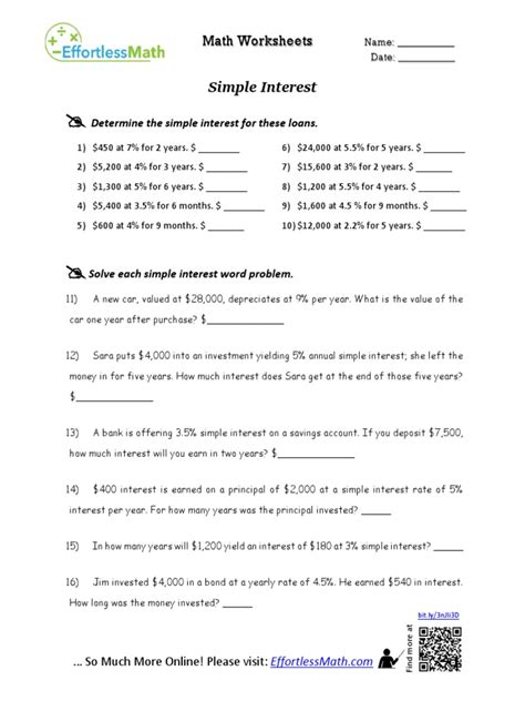 Simple Interest Math Worksheets Pdf Interest Political Economy Worksheets Library