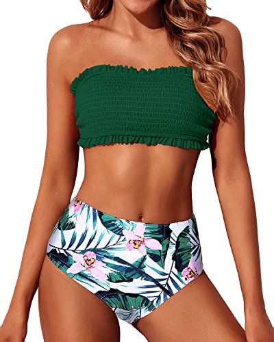 Ruffle Off Shoulder Bandeau Bikini Set Two Piece Smocked Swimsuits Gre