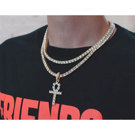 Hip Hop Iced Out Ankh Collar Con Colgante Cruzado Cadena De Tenis De