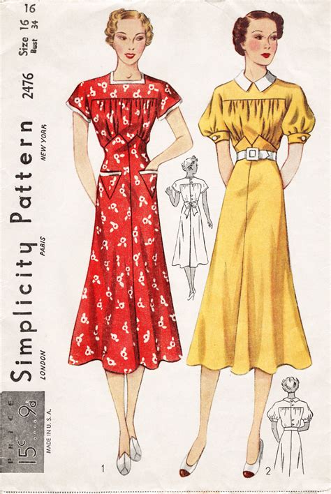 Vintage Sewing Pattern 1930s 30s Dress 2 Styles Puff Sleeves Flared Skirt Bust 34 1930