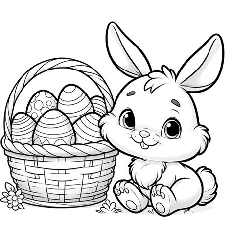 Coloriage Lapin de Pâques à côté d un panier d œufs Dessin gratuit