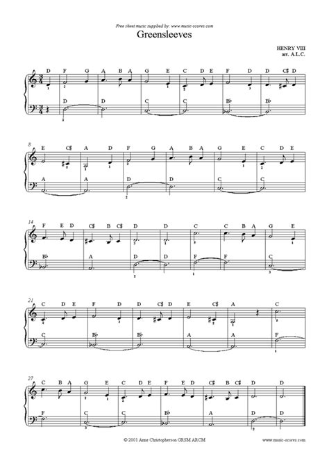 Traditional Greensleeves Easy Piano Version Classical Sheet Music