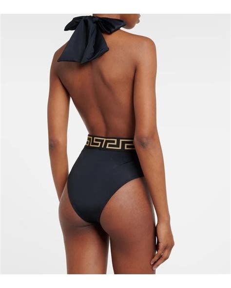 Versace Greca Halterneck Swimsuit In Blue Lyst