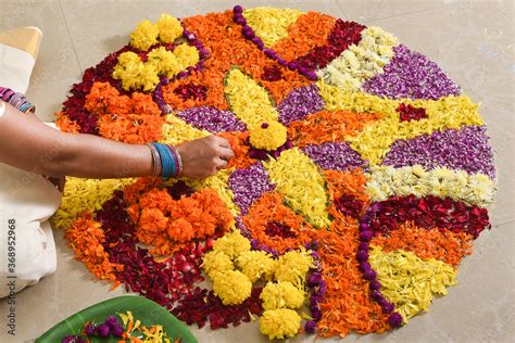 Kerala Onam festival Flower bed or Pookalam decoration, seamless floral ...