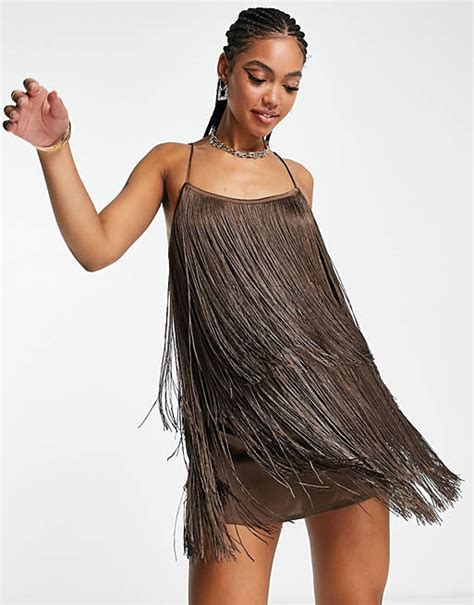 Asos Design Fringed Mini Dress In Chocolate Asos