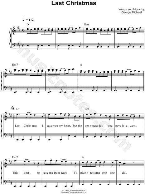 Wham Last Christmas Sheet Music Easy Piano In D Major Transposable Download And Print