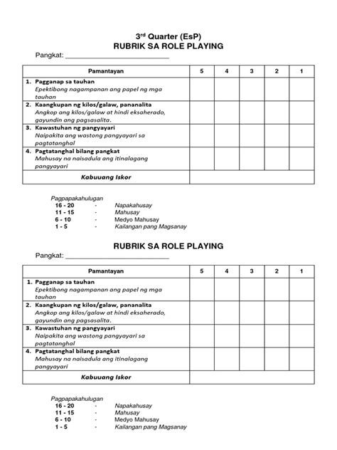 Rubrik Sa Role Playing Pdf