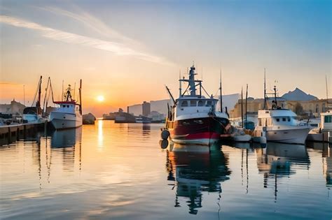 Premium AI Image | fishing boats in the harbor at sunset