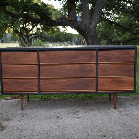 Soldmatte Black And Wood Mid Century Modern Dresser Vintage Etsy