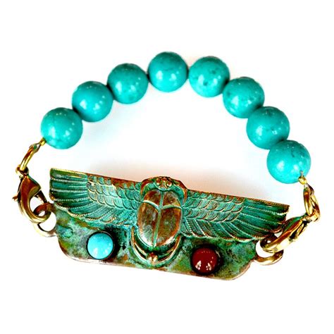 Verdigris Patina Brass Egyptian Winged Scarab Rockband Bracelet