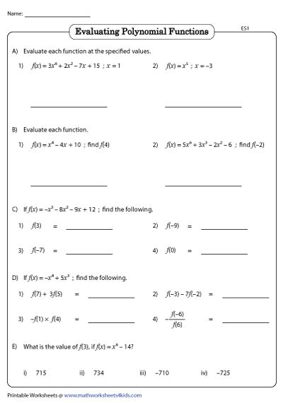 Evaluating Polynomial Functions Worksheets