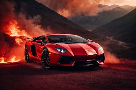 Premium Photo | Red Lamborghini Aventador on fire mountains in hell ...