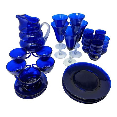 Vintage 1950s Cobalt Blue Tea, Wine, and Glassware Set - Set of 29 ...