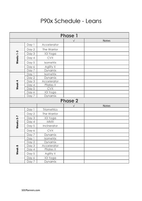 P90x Schedule Printable