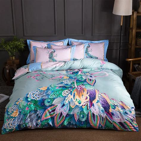 New 4pcs 100 Cotton Printed Colourful Peacock Bedding Set High Quality