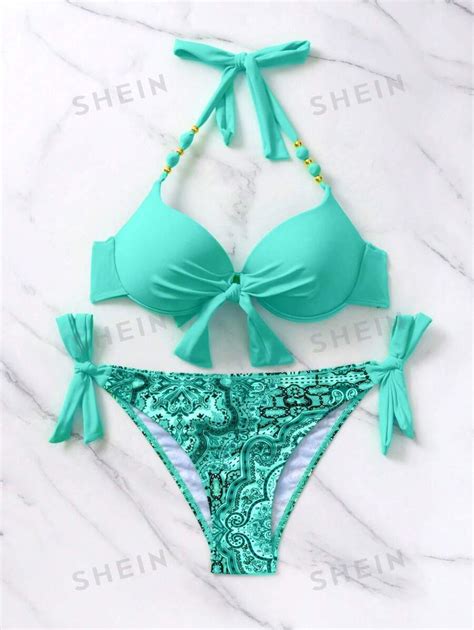 SHEIN Swim BohoFeel Paisley Print Knot Front Push Up Bikini Swimsuit