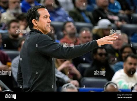 Miami Heat Head Coach Erik Spoelstra Directs His Players During The