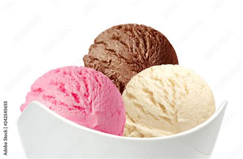 Vanilla Strawberry And Chocolate Ice Cream Scoops In Bowl Isolated On