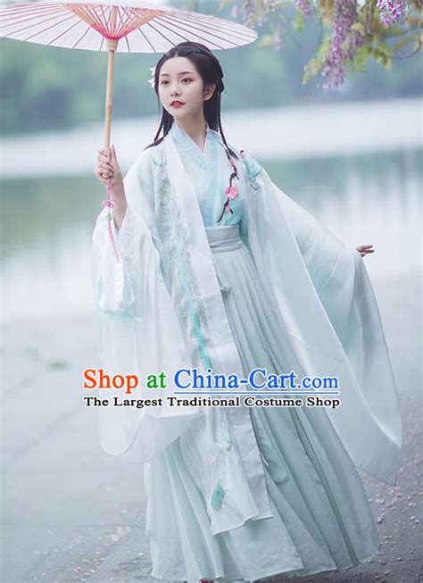 Traditional Chinese Jin Dynasty Imperial Consort Blue Hanfu Dress