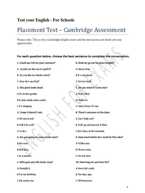 Placement Test Cambridge Assessment Test Your English For Schools