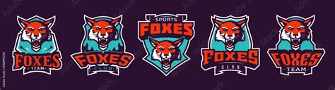 Set of sports logos with fox mascots. Colorful collection sports emblem with fox mascot and bold ...