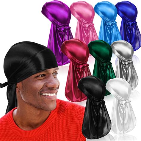 Asknoto 9 Pcs Silky Durag With Long Tail For Men Pack