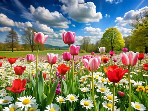 spring landscape  tulips  daisies premium ai generated image
