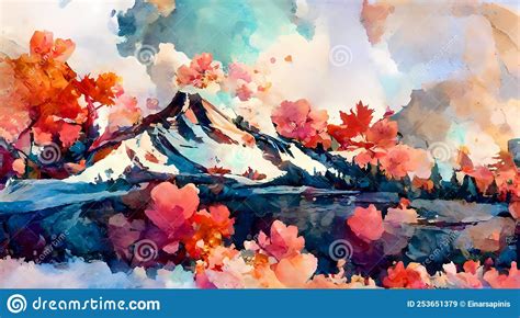 Watercolor Landscape Painting Jackson Hole Mountains Stock Illustration