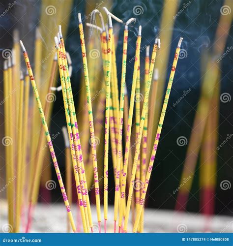 Burning Incense Sticks In Asian Buddhist Temple Joss Sticks Stock